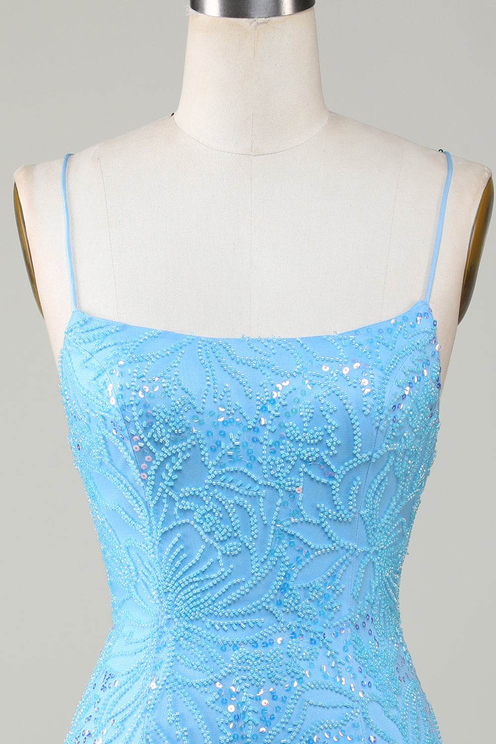 Sparkly Blue Beaded Tight Short Homecoming Dress with Lace Up Back