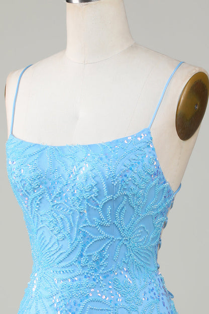 Sparkly Blue Beaded Tight Short Homecoming Dress with Lace Up Back