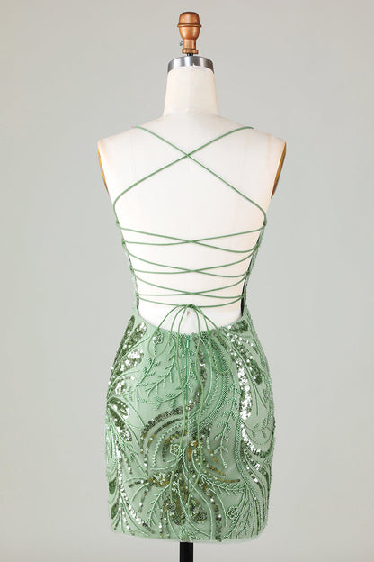 Sparkly Green Sheath Spaghetti Straps Short Homecoming Dress with Criss Cross Back