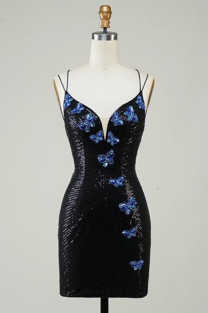 Black Glitter Tight Homecoming Dress with Sequins Butterflies