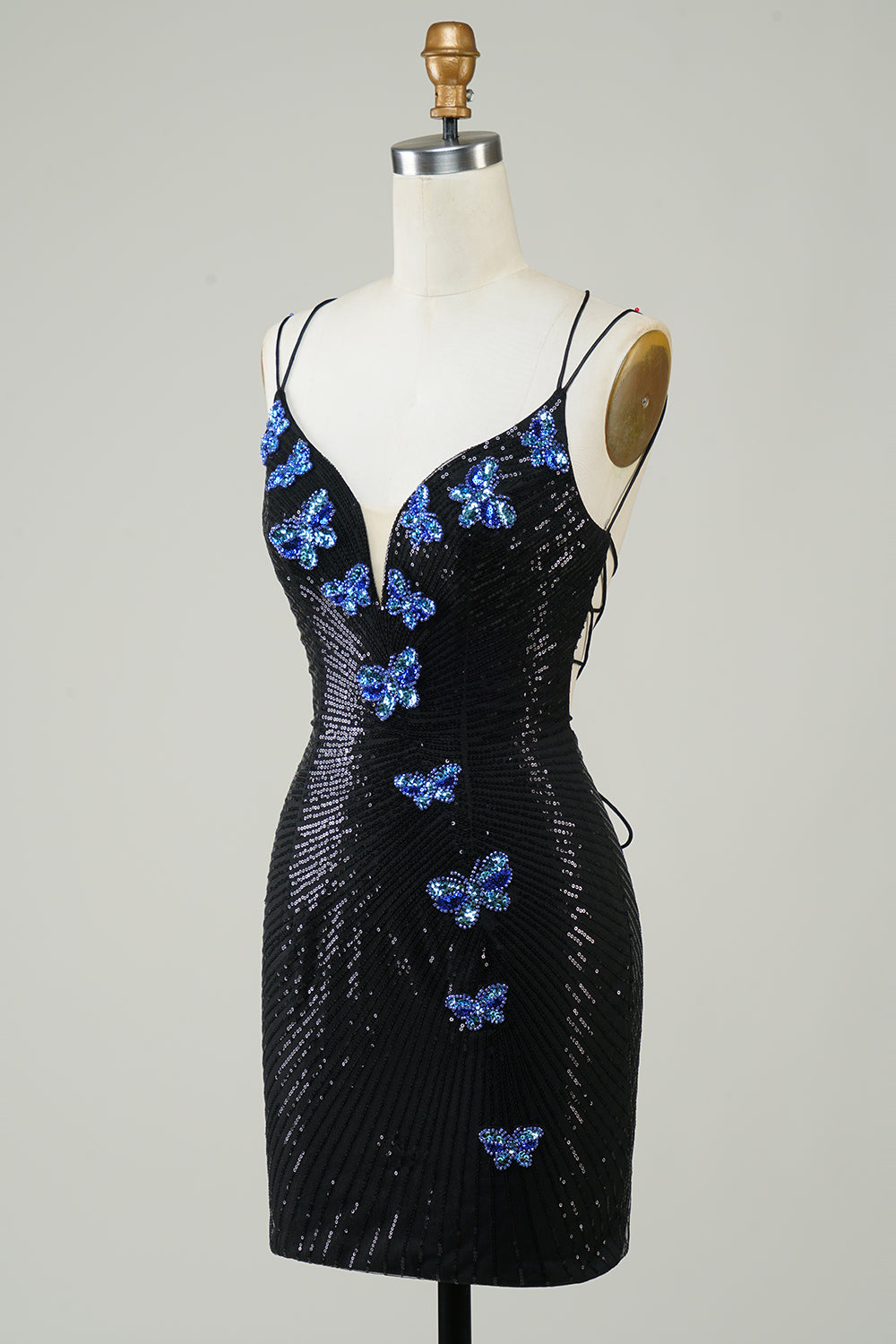 Black Glitter Tight Homecoming Dress with Sequins Butterflies