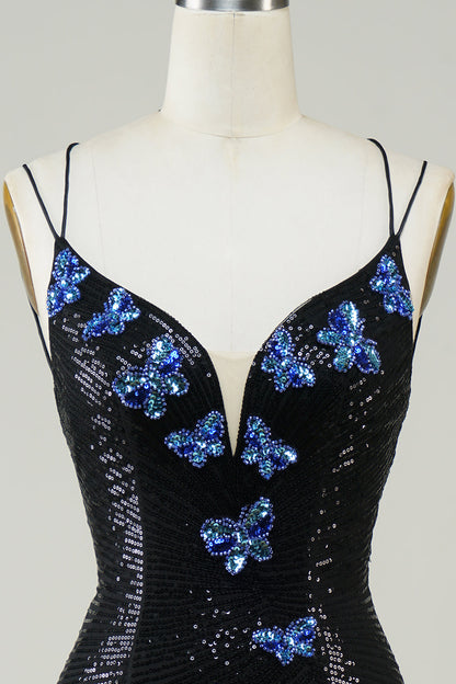 Royal Blue Glitter Tight Homecoming Dress with Sequins Butterflies