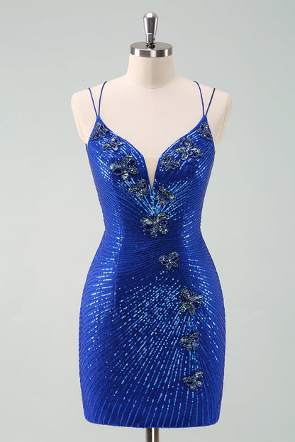 Royal Blue Glitter Tight Homecoming Dress with Sequins Butterflies