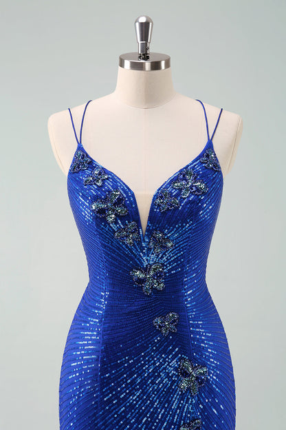 Royal Blue Glitter Tight Homecoming Dress with Sequins Butterflies