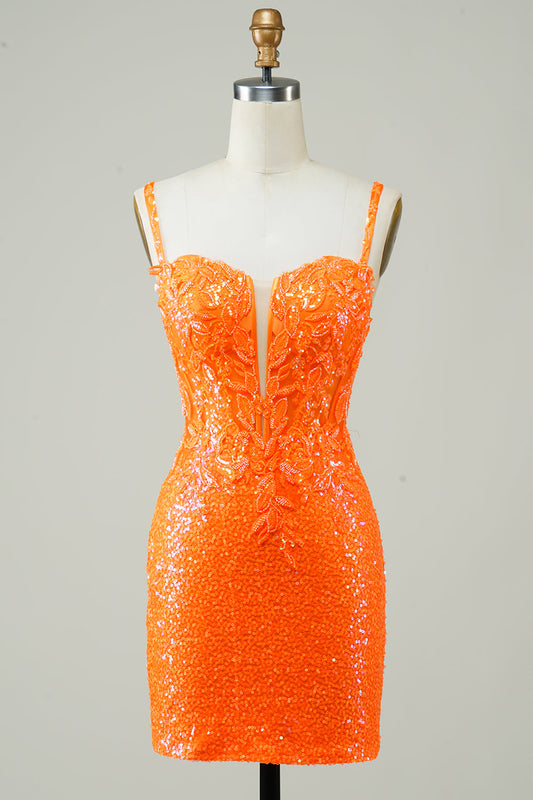 Glitter Orange Tight Corset Lace Up Back Sequin Homecoming Dress with Beading