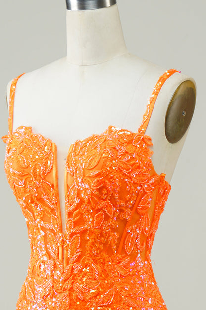 Glitter Orange Tight Corset Lace Up Back Sequin Homecoming Dress with Beading