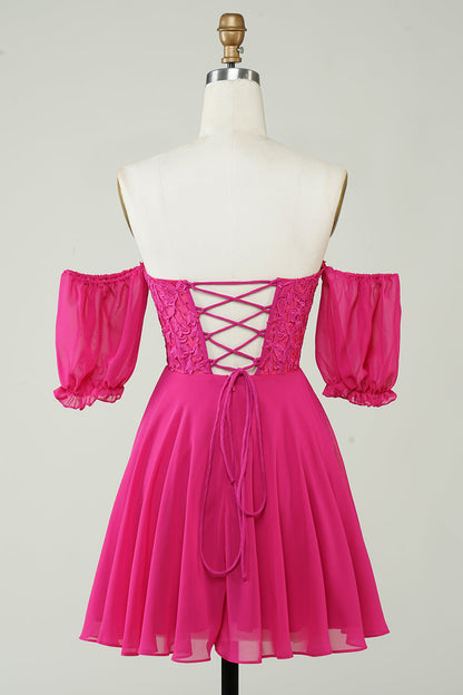 Fuchsia Corset A-Line Chiffon Short Homecoming Dress with Lace