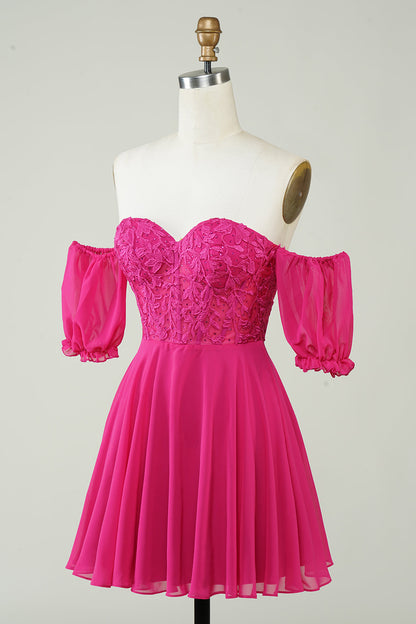 Fuchsia Corset A-Line Chiffon Short Homecoming Dress with Lace