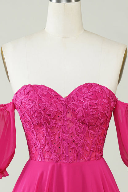 Fuchsia Corset A-Line Chiffon Short Homecoming Dress with Lace