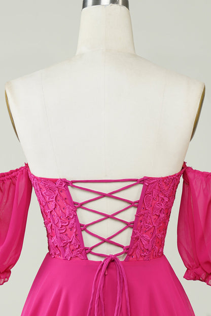 Fuchsia Corset A-Line Chiffon Short Homecoming Dress with Lace