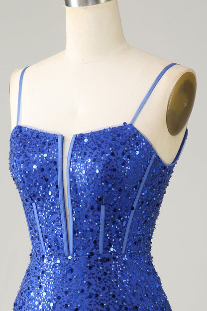 Royal Blue Bodycon Sparkly Spaghetti Straps Homecoming Dress