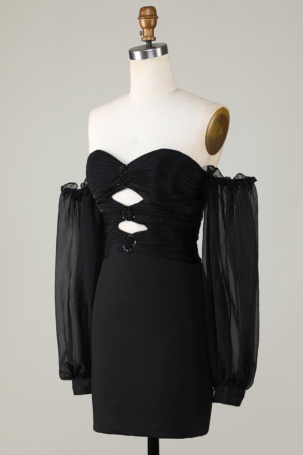 Off The Shoulder Keyhole Black Homecoming Dress with Beading