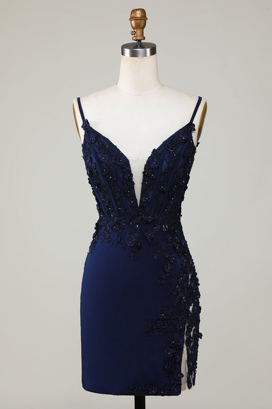 Sparkly Navy Corset Tight Short Homecoming Dress with Lace