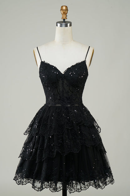 Gorgeous A Line Spaghetti Straps Black Sparkly Corset Homecoming Dress