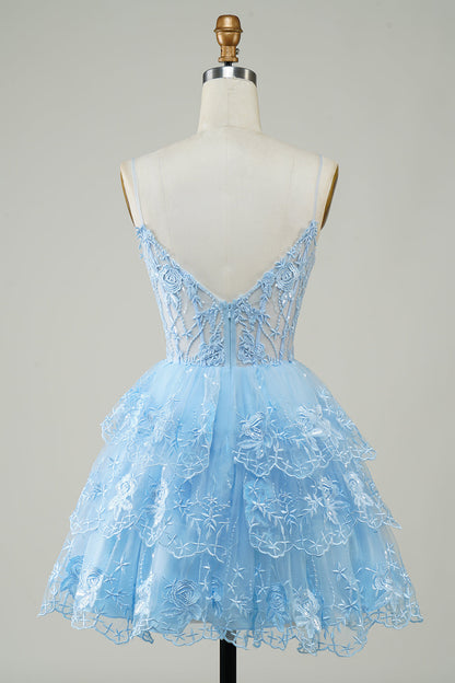 Gorgeous A Line Spaghetti Straps Blue Sparkly Corset Homecoming Dress