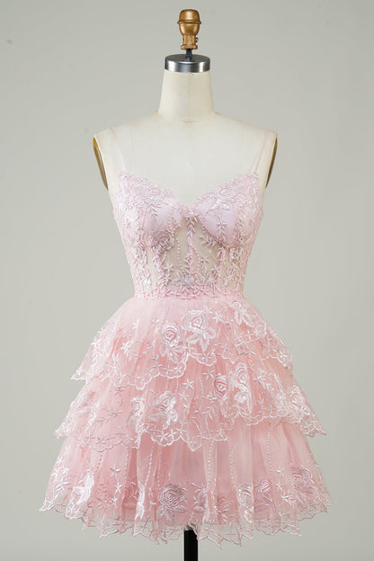 Gorgeous A Line Spaghetti Straps Pink Sparkly Corset Homecoming Dress