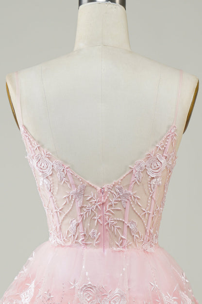 Gorgeous A Line Spaghetti Straps Pink Sparkly Corset Homecoming Dress