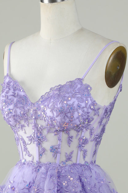 Gorgeous A Line Spaghetti Straps Purple Sparkly Corset Homecoming Dress