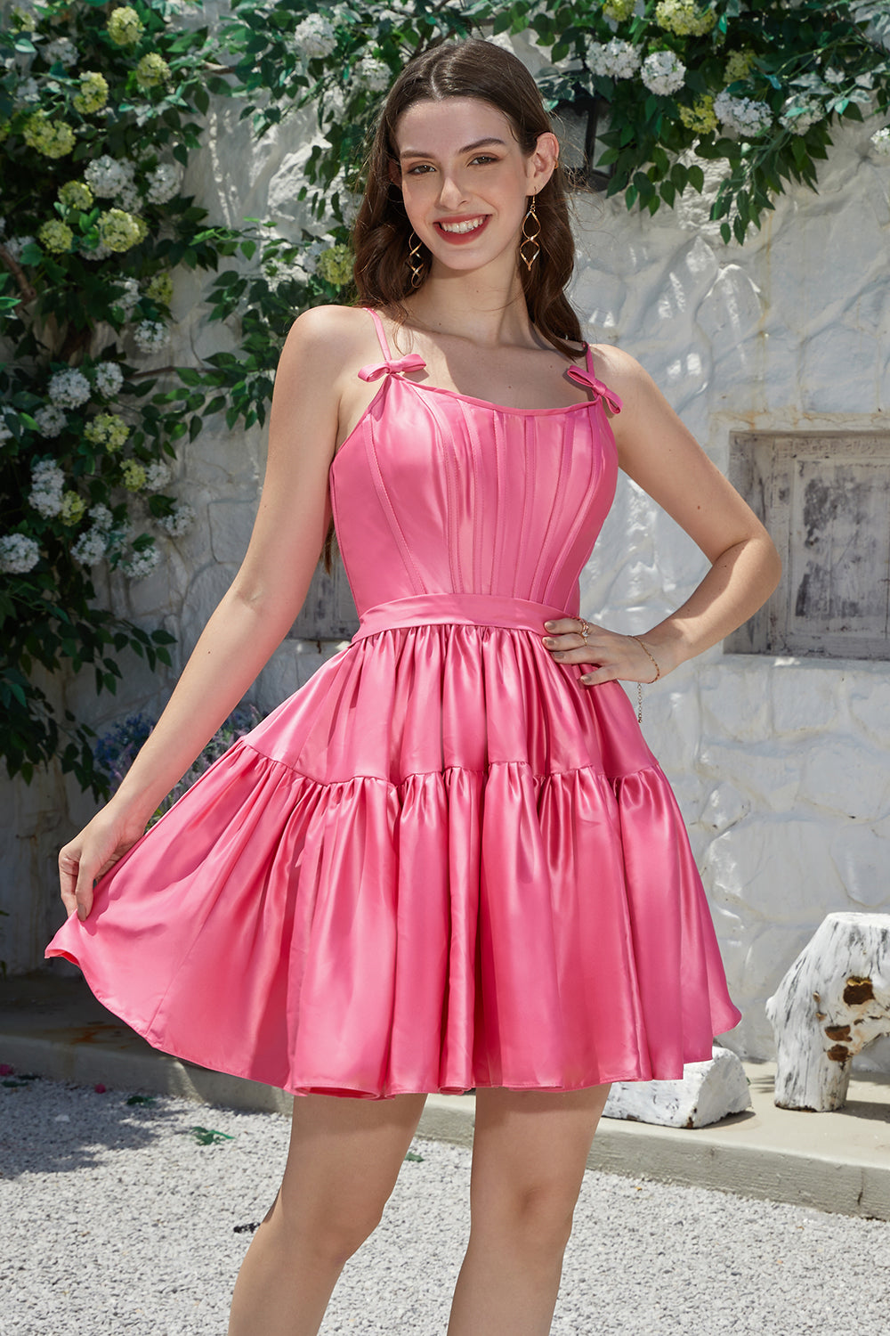 Stylish A-Line Spaghetti Straps Fuchsia Short Homecoming Dress with Bowknot