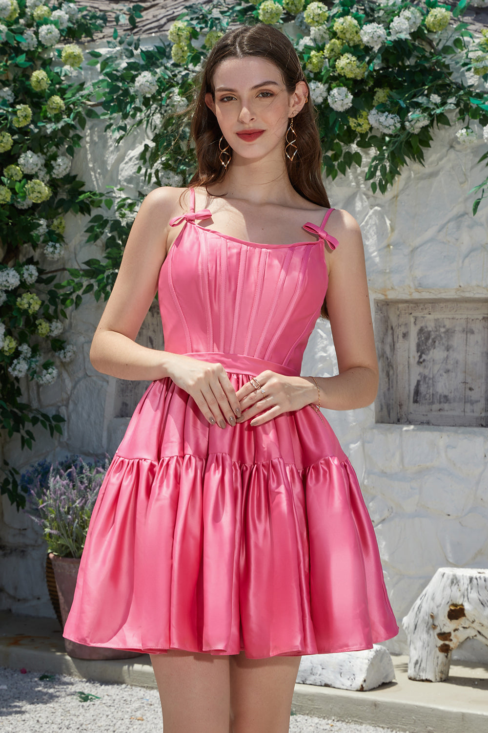 Stylish A-Line Spaghetti Straps Fuchsia Short Homecoming Dress with Bowknot