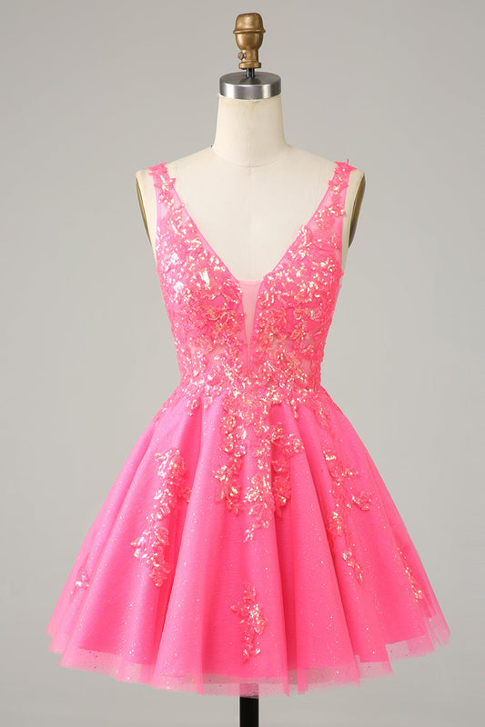 Fuchsia Sequined V Neck Backless Short Homecoming Dress