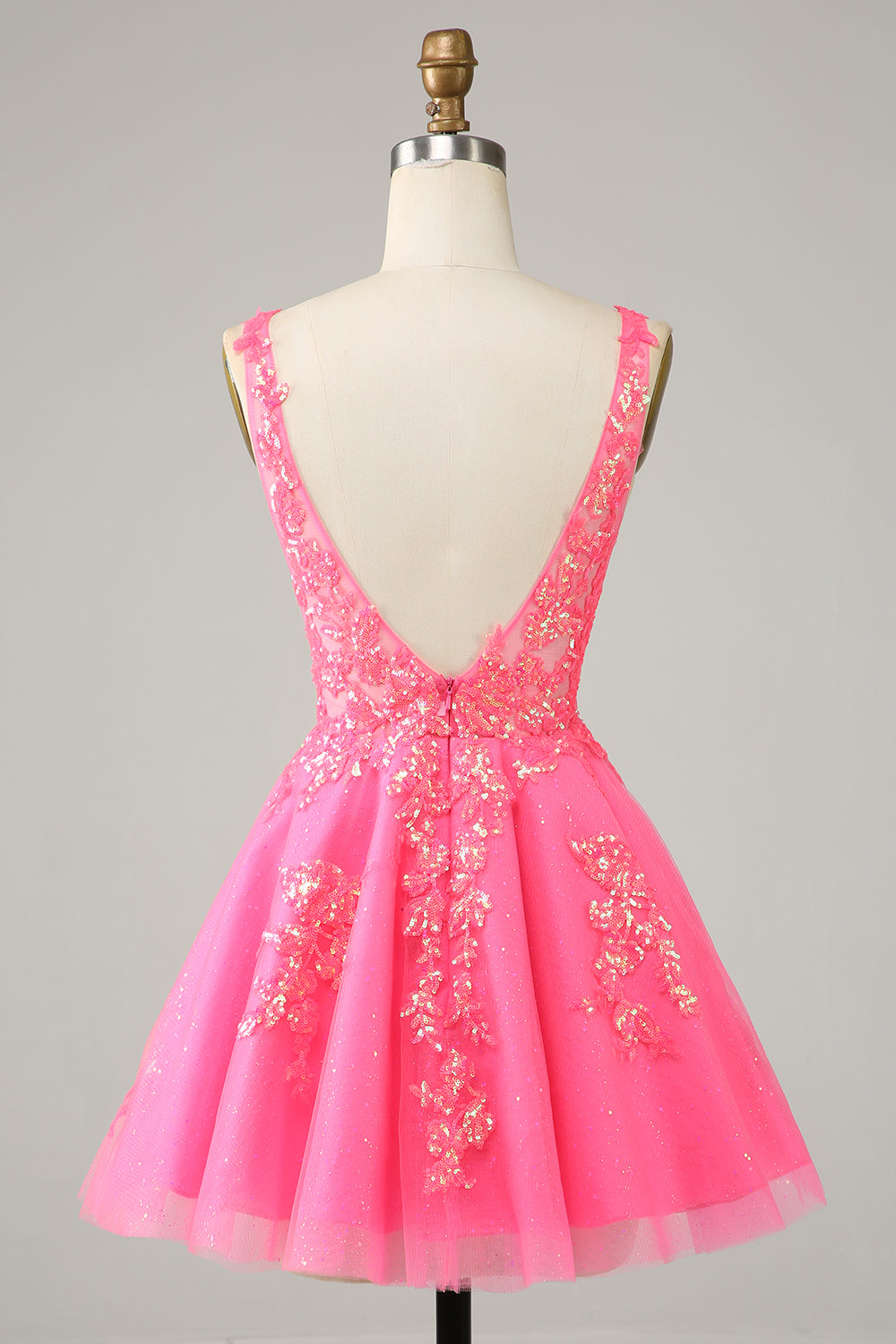 Fuchsia Sequined V Neck Backless Short Homecoming Dress