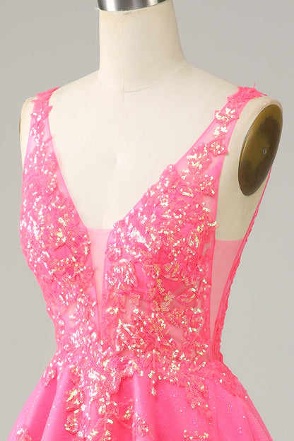 Fuchsia Sequined V Neck Backless Short Homecoming Dress