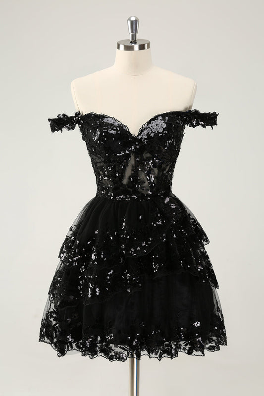 Sparkly Black A Line Off The Shoulder Corset Tiered Lace Short Homecoming Dress