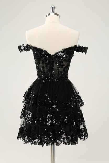 Sparkly Black A Line Off The Shoulder Corset Tiered Lace Short Homecoming Dress