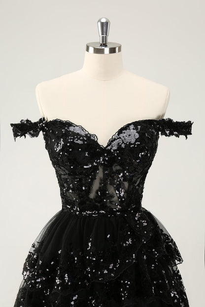 Sparkly Black A Line Off The Shoulder Corset Tiered Lace Short Homecoming Dress