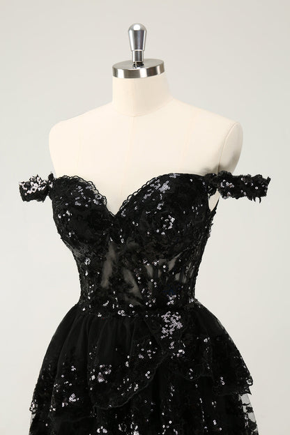 Sparkly Black A Line Off The Shoulder Corset Tiered Lace Short Homecoming Dress