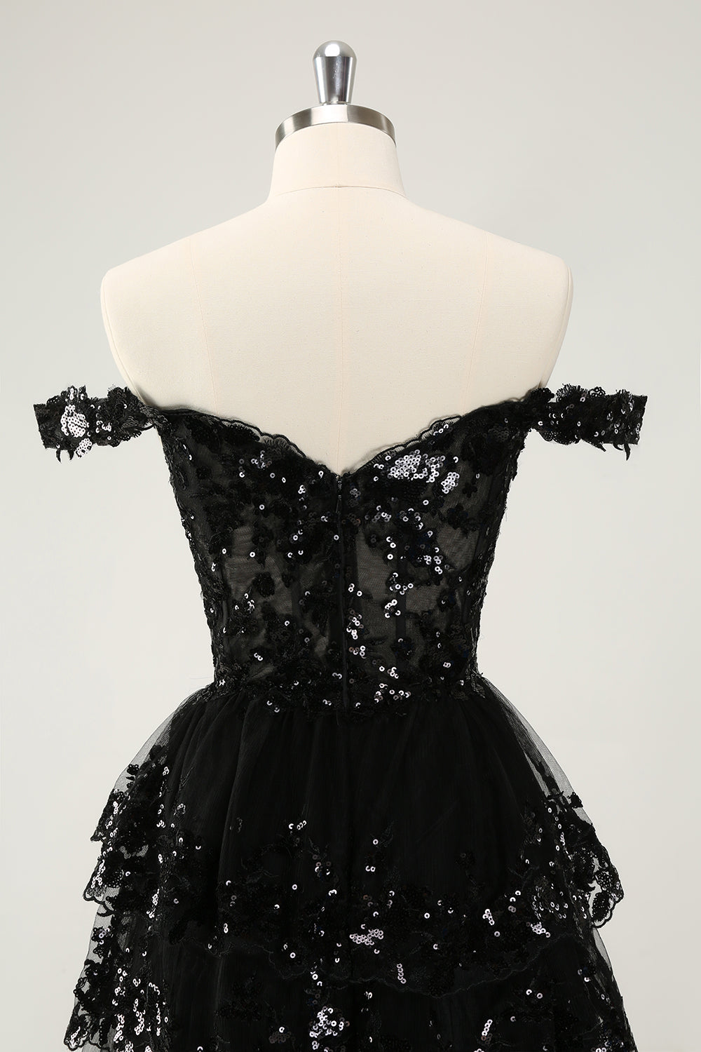 Sparkly Black A Line Off The Shoulder Corset Tiered Lace Short Homecoming Dress