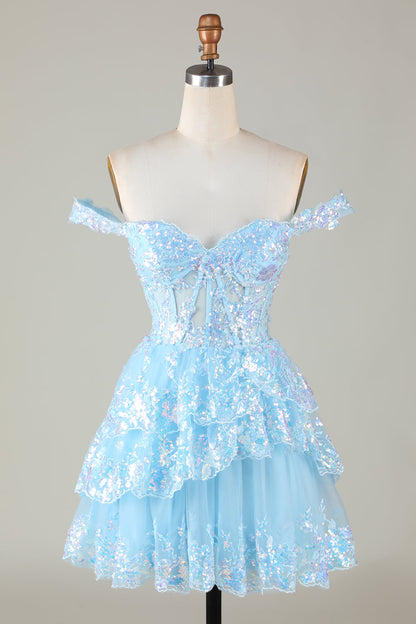 Sparkly Blue Corset Tiered Lace A-Line Short Homecoming Dress