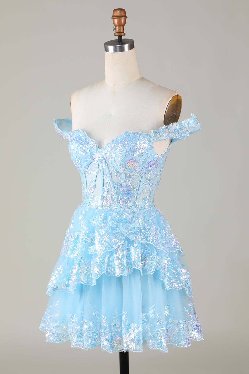 Sparkly Blue Corset Tiered Lace A-Line Short Homecoming Dress