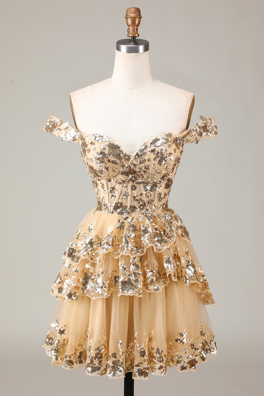 Sparkly Golden Corset Tiered Lace A-Line Short Homecoming Dress