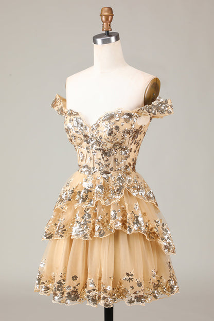 Sparkly Golden Corset Tiered Lace A-Line Short Homecoming Dress