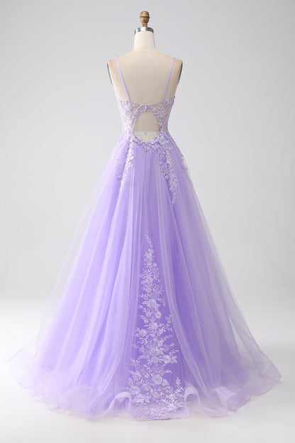 Lilac A-Line Spaghetti Straps Tulle Long Prom Dress with Appliques