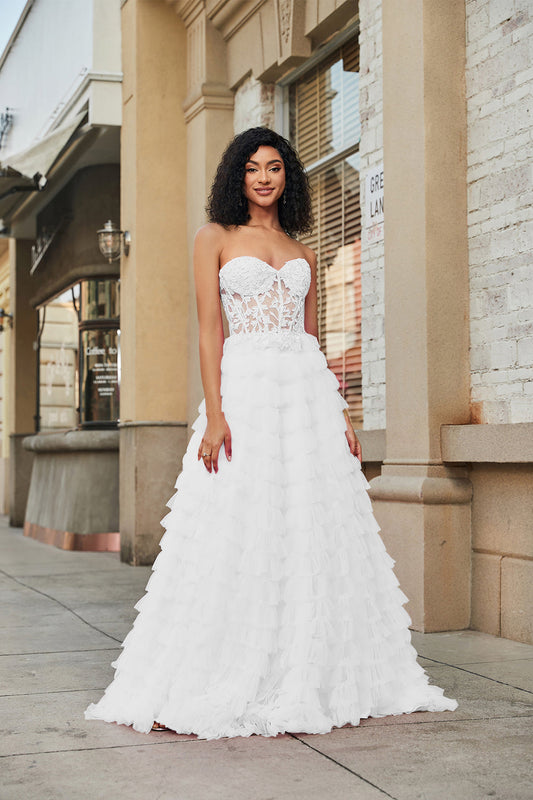 White Corset Ruffled A-Line Wedding Dress with Lace