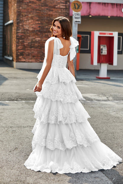 White A-Line Tiered Lace Long Wedding Dress