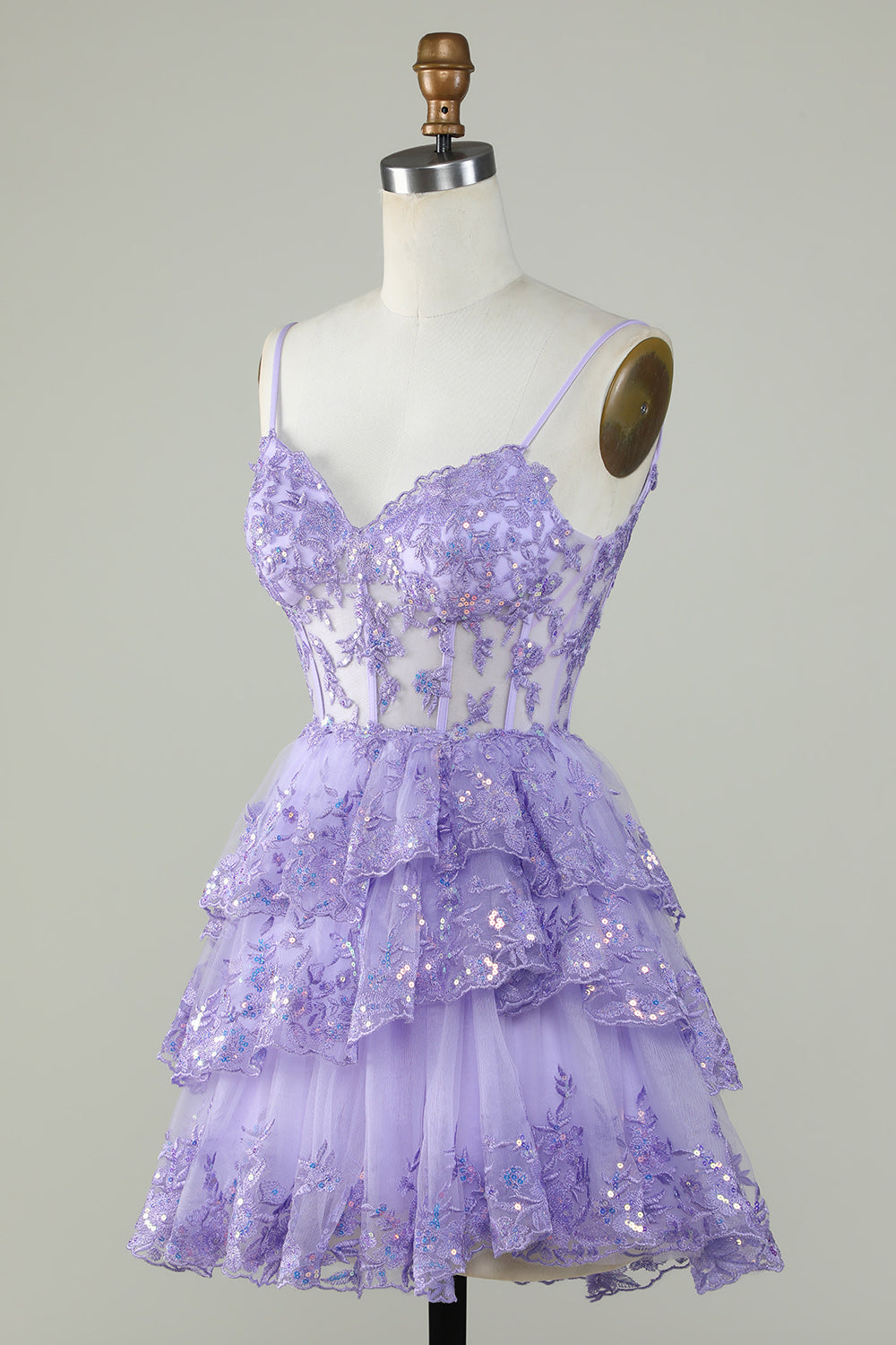 Gorgeous A Line Spaghetti Straps Purple Sparkly Corset Homecoming Dress