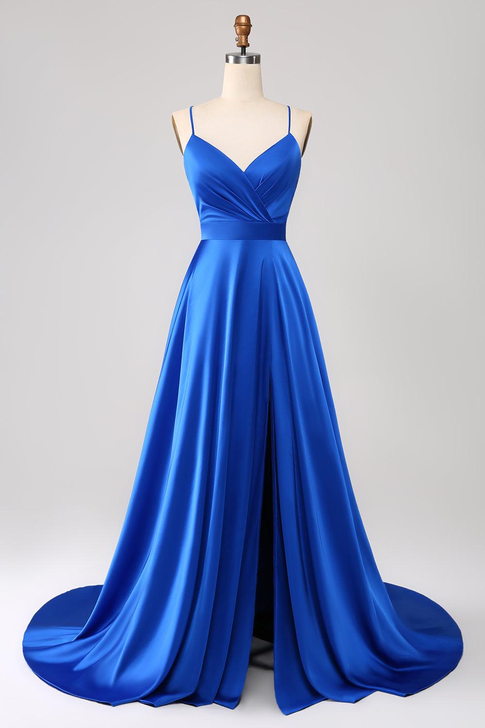 Royal Blue A Line Spaghetti Straps Satin Long Prom Bridesmaid Dress with Slit