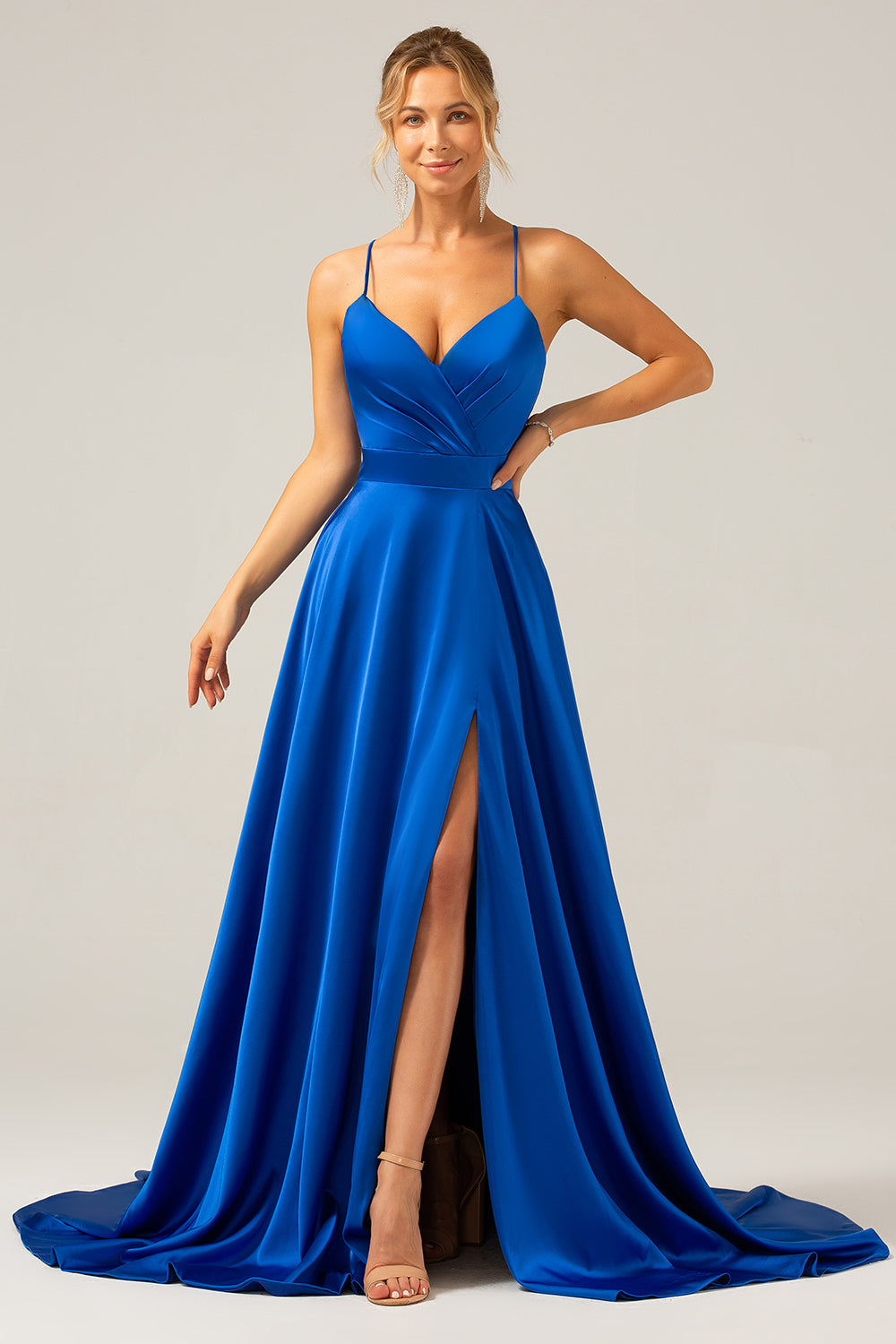 Royal Blue A Line Spaghetti Straps Satin Long Prom Bridesmaid Dress with Slit