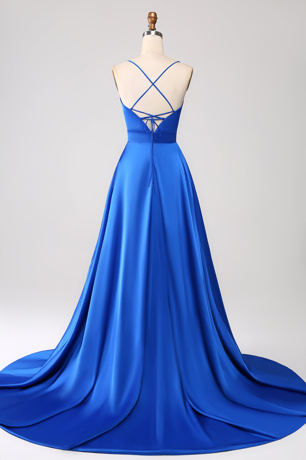 Royal Blue A Line Spaghetti Straps Satin Long Prom Bridesmaid Dress with Slit