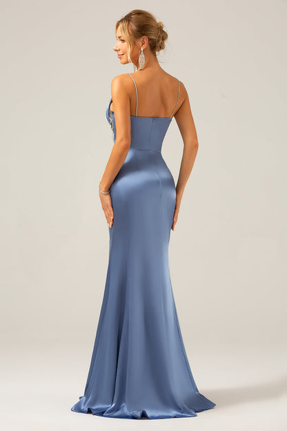 Mermaid Grey Blue Satin Spaghetti Straps Pleated Bridesmaid Dress