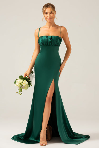 Dark Green Mermaid Spaghetti Straps Satin Long Bridesmaid Dress with Pleated