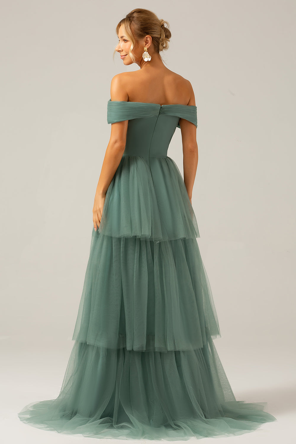 Grey Green Tulle A Line Off the Shoulder Tiered Bridesmaid Dress