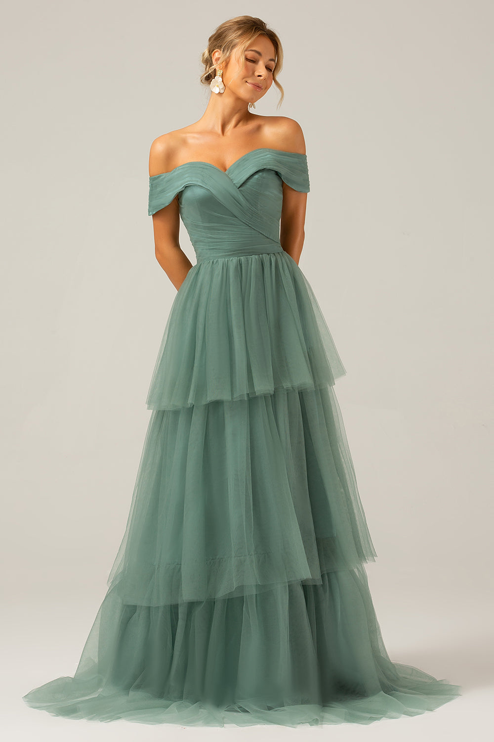 Grey Green Tulle A Line Off the Shoulder Tiered Bridesmaid Dress