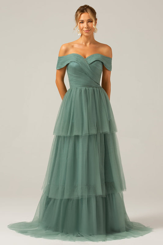 Grey Green Tulle A Line Off the Shoulder Tiered Bridesmaid Dress