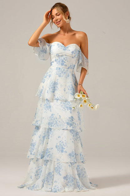 White Blue Floral Boho Chiffon Ruffled Long Bridesmaid Dress