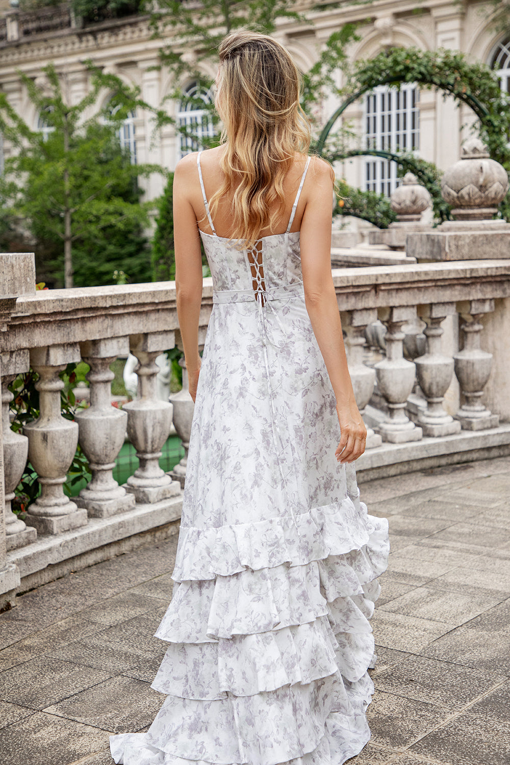 White Brown Flower A Line Spaghetti Straps Bridesmaid Dress With Ruffles